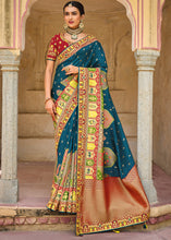 Cargar imagen en el visor de la galería, Ocean Blue Dola Silk Saree with Beautiful Embroidery work: Wedding Edition