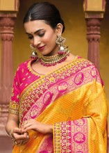 Load image into Gallery viewer, Saffron Yellow Dola Silk Saree with Beautiful Embroidery work: Wedding Edition