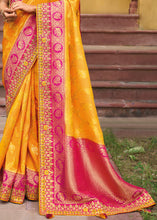 Load image into Gallery viewer, Saffron Yellow Dola Silk Saree with Beautiful Embroidery work: Wedding Edition