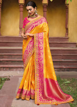 Load image into Gallery viewer, Saffron Yellow Dola Silk Saree with Beautiful Embroidery work: Wedding Edition