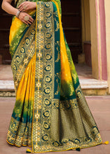 Load image into Gallery viewer, Yellow &amp; Green Dola Silk Saree with Beautiful Embroidery work: Wedding Edition