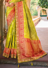 Load image into Gallery viewer, Pear Green Dola Silk Saree with Beautiful Embroidery work: Wedding Edition
