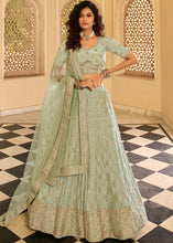 Laden Sie das Bild in den Galerie-Viewer, Sage Green Crepe Lehenga Choli with Gota, Dori &amp; Zarkan work