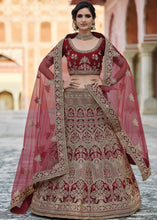 Laden Sie das Bild in den Galerie-Viewer, Maroon Red Velvet Lehenga Choli Having Heavy Embroidery &amp; Hand work: Bridal Edition