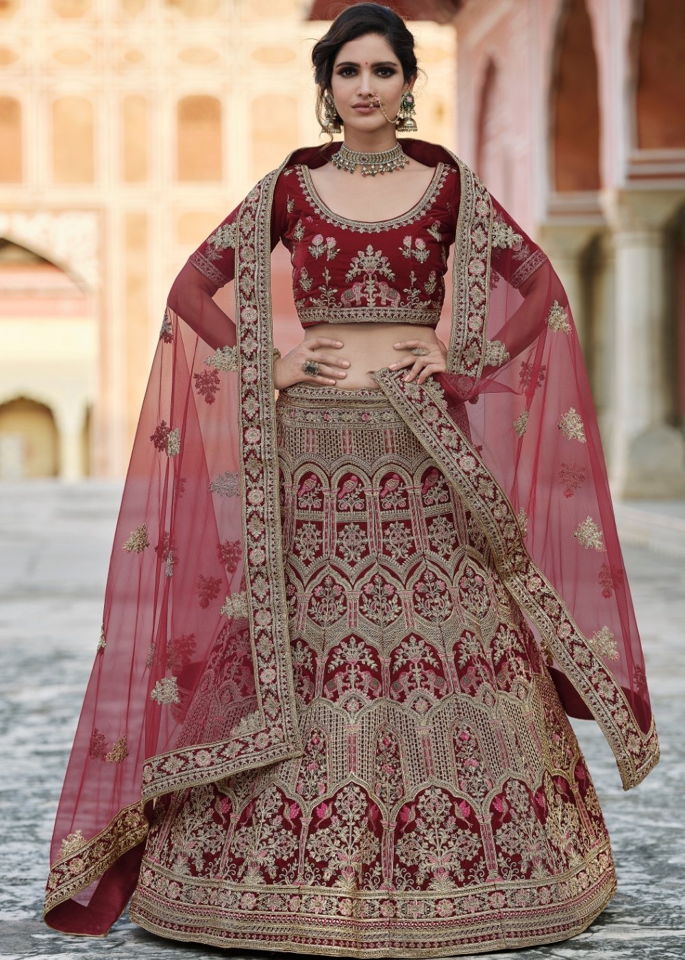 Maroon Red Velvet Lehenga Choli Having Heavy Embroidery & Hand work: Bridal Edition