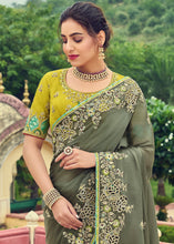 Load image into Gallery viewer, Sardine Grey Designer Organza Saree with Intricate Embroidery work