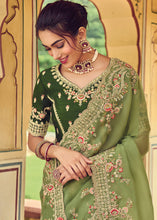 Load image into Gallery viewer, Light Olive Green Designer Organza Saree with Intricate Embroidery work