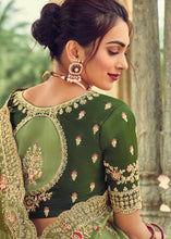 Load image into Gallery viewer, Light Olive Green Designer Organza Saree with Intricate Embroidery work