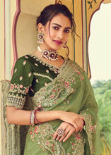 Load image into Gallery viewer, Light Olive Green Designer Organza Saree with Intricate Embroidery work