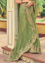 Load image into Gallery viewer, Light Olive Green Designer Organza Saree with Intricate Embroidery work