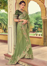 Load image into Gallery viewer, Light Olive Green Designer Organza Saree with Intricate Embroidery work