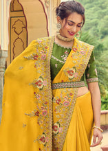 Load image into Gallery viewer, Golden Yellow Designer Organza Saree with Intricate Embroidery work