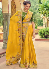 Load image into Gallery viewer, Golden Yellow Designer Organza Saree with Intricate Embroidery work