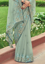 Load image into Gallery viewer, Moss Green Designer Organza Saree with Intricate Embroidery work
