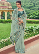 Load image into Gallery viewer, Moss Green Designer Organza Saree with Intricate Embroidery work