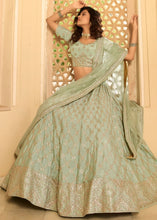 Laden Sie das Bild in den Galerie-Viewer, Sage Green Crepe Lehenga Choli with Gota, Dori &amp; Zarkan work