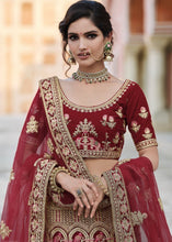 Laden Sie das Bild in den Galerie-Viewer, Maroon Red Velvet Lehenga Choli Having Heavy Embroidery &amp; Hand work: Bridal Edition