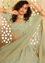 Laden Sie das Bild in den Galerie-Viewer, Sage Green Crepe Lehenga Choli with Gota, Dori &amp; Zarkan work