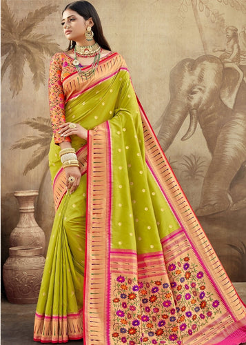 Avocado Green Woven Paithani Banarasi Silk Saree