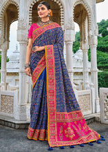 Load image into Gallery viewer, Azure Blue Banarasi Silk Saree with Mirror,Diamond &amp; Pure Kachhi work