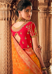 Amber Orange Woven Banarasi Silk Saree with Embroidered Blouse