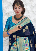 Laden Sie das Bild in den Galerie-Viewer, Indigo Blue Soft Banarasi Silk Saree with Zari Woven Butti overall