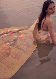 Beige Woven Linen Silk Saree with Floral Motif on Pallu and Border