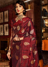 Cargar imagen en el visor de la galería, Wine Red Pure Satin Woven Silk Saree with overall Golden Buti