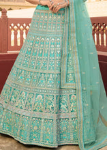 Carica l&#39;immagine nel visualizzatore Galleria,Light Turquoise Blue Organza Lehenga Choli with Zari, Dori, Resham,Gota &amp; Zarkan work