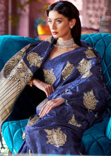 Load image into Gallery viewer, Berry Blue Satin Silk Saree with overall Golden Butti