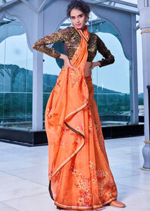 Amber Orange Floral Handprinted Organza Silk Saree