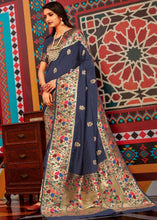 Load image into Gallery viewer, Denim Blue Zari Woven Paithani Silk Saree