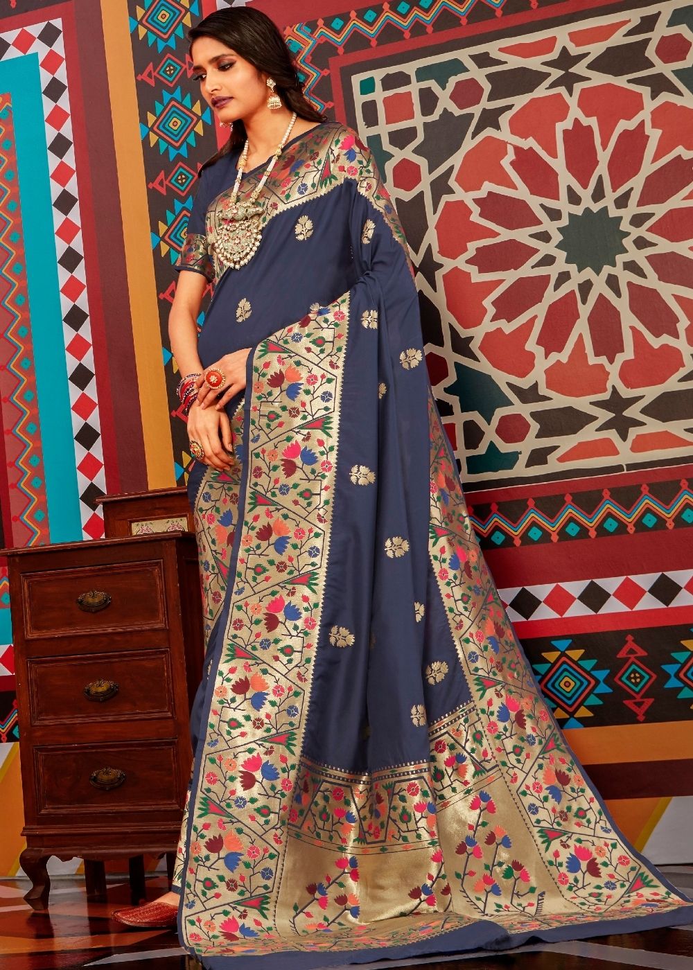 Denim Blue Zari Woven Paithani Silk Saree