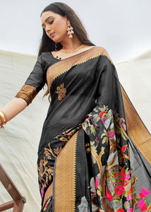 Black and Grey Handloom Woven Silk Saree