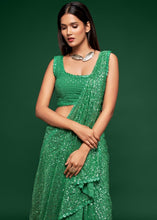 Cargar imagen en el visor de la galería, Shamrock Green Sequins &amp; Thread Embroidered Designer Georgette Saree