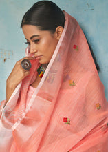 Load image into Gallery viewer, Coral Pink Floral Embroidered Linen Saree