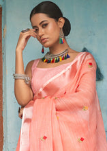 Load image into Gallery viewer, Coral Pink Floral Embroidered Linen Saree