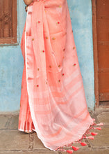 Load image into Gallery viewer, Coral Pink Floral Embroidered Linen Saree