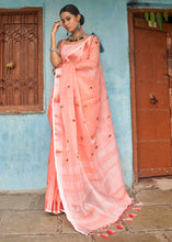 Load image into Gallery viewer, Coral Pink Floral Embroidered Linen Saree