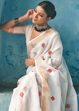 Load image into Gallery viewer, Pearl White Floral Embroidered Linen Saree