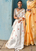 Load image into Gallery viewer, Pearl White Floral Embroidered Linen Saree