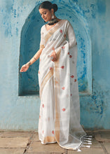 Load image into Gallery viewer, Pearl White Floral Embroidered Linen Saree