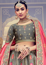 Load image into Gallery viewer, Anchor Grey Banarasi Silk Lehenga Choli with Khatli and Heavy Embroidered work