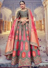 Load image into Gallery viewer, Anchor Grey Banarasi Silk Lehenga Choli with Khatli and Heavy Embroidered work