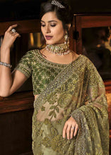 Load image into Gallery viewer, Mehendi Green Designer Net Saree with Jari, Mirror &amp; Moti Cut Dana work