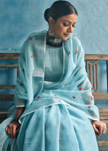 Load image into Gallery viewer, Baby Blue Floral Embroidered Linen Saree