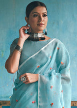 Load image into Gallery viewer, Baby Blue Floral Embroidered Linen Saree