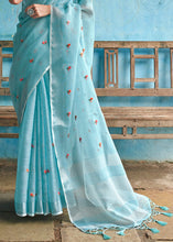 Load image into Gallery viewer, Baby Blue Floral Embroidered Linen Saree
