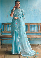 Load image into Gallery viewer, Baby Blue Floral Embroidered Linen Saree