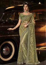 Load image into Gallery viewer, Mehendi Green Designer Net Saree with Jari, Mirror &amp; Moti Cut Dana work